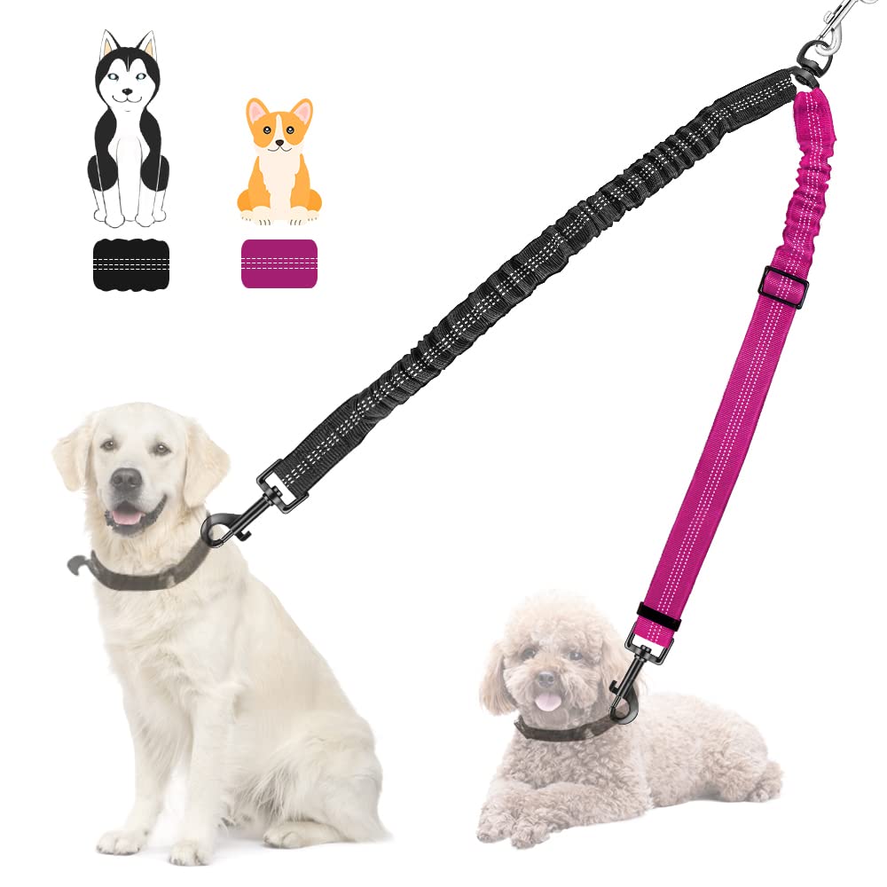 Nasjac Double Dog Leash Coupler, No Tangle Split Lead for Walking 2 Pet Dogs, Adjustable Reflective Safety Shock Absorbing Bungee Leads Splitter for Training Dual Doggy, Medium & Large Breeds