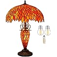 WERFACTORY Tiffany Style Table Lamp Red Stained Glass Wisteria Mather-Daughter Vase Lamp 16X16X24 Inch Antique Desk Reading Light Decor Bedroom Living Room Home Office S523R Series