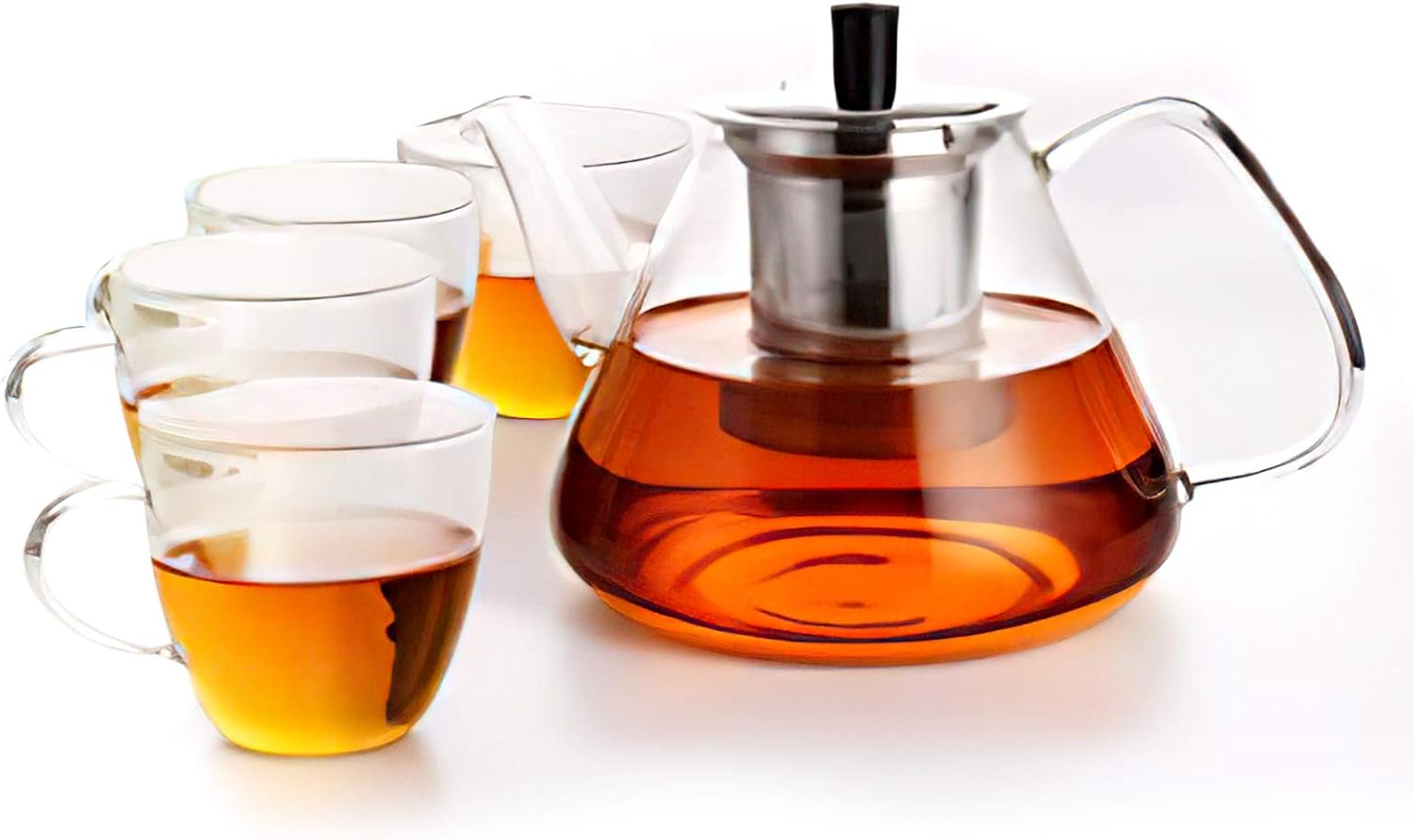 Homfa Teekanne 1350mL Tee-Set mit 4 Gläsern Teebereiter Hitzebeständig Glas Transparent Glatt TeaPot aus Borosilikatglas Beheizbar Glaskanne mit Siebeinsatz Edelstahl