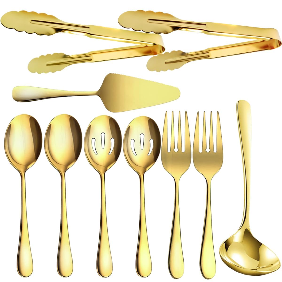 Photo 1 of 10 Pieces Serving Utensils Include Serving Spoons,Slotted Serving Spoons,Serving Forks,Serving Tongs,Soup Ladle and Pie Cake Server for Buffet Catering Banquet Party(Gold)