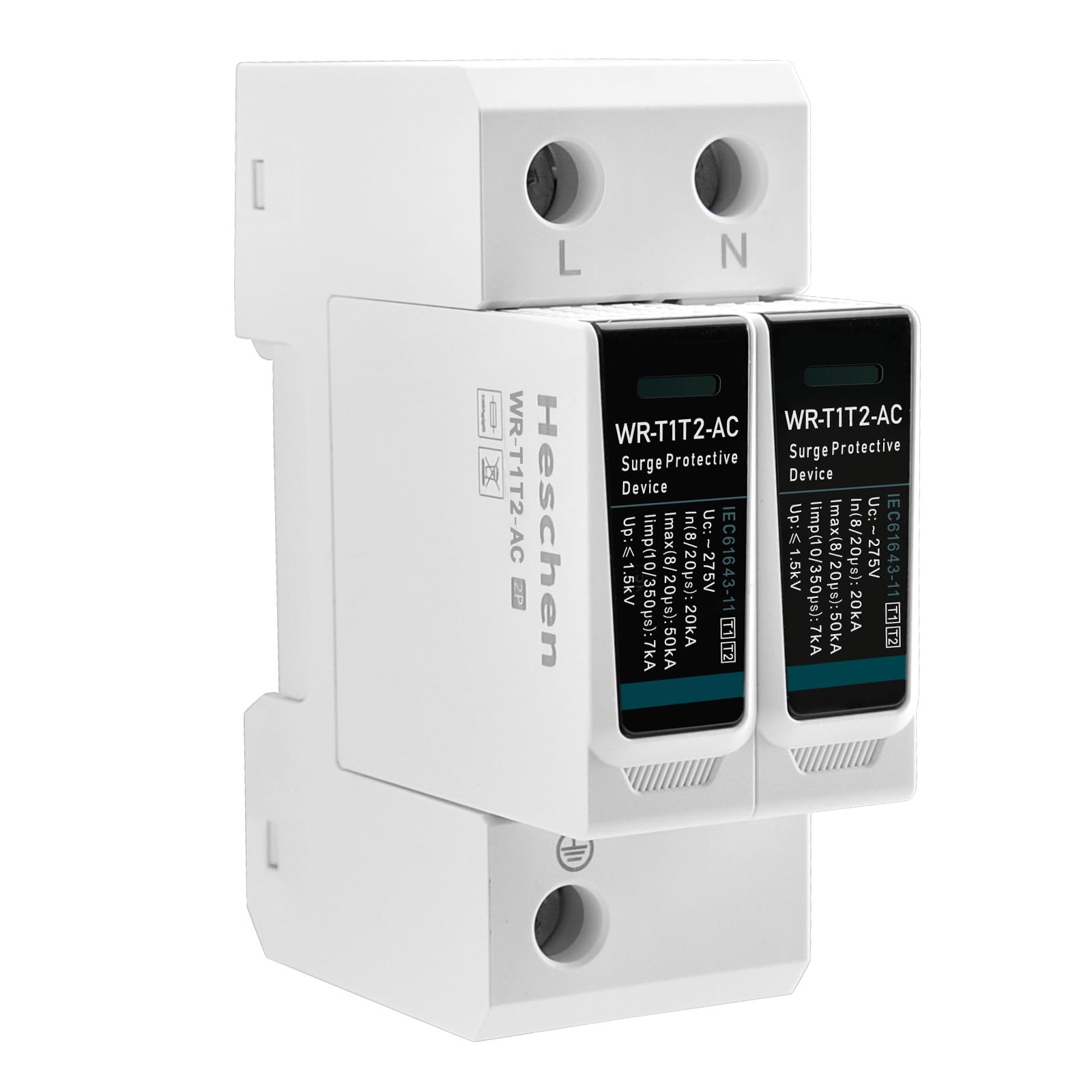 Heschen Surge Protective Device SPD, WR-T1T2-AC,275V, In 20kA, Iimp 7KA, T1+T2 Type, Fire-Proof, Low-Voltage Arrester Device, 35mm DIN Rail Mounting (2P)