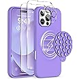 COFFKER Magnetic for iPhone 16 Pro Max Case, Compatible with Magsafe, Suction Cup Phone Mount, [2 Screen Protectors][Camera Protector] Silicone Shockproof Protective Phone Cover 6.9", Bright Purple