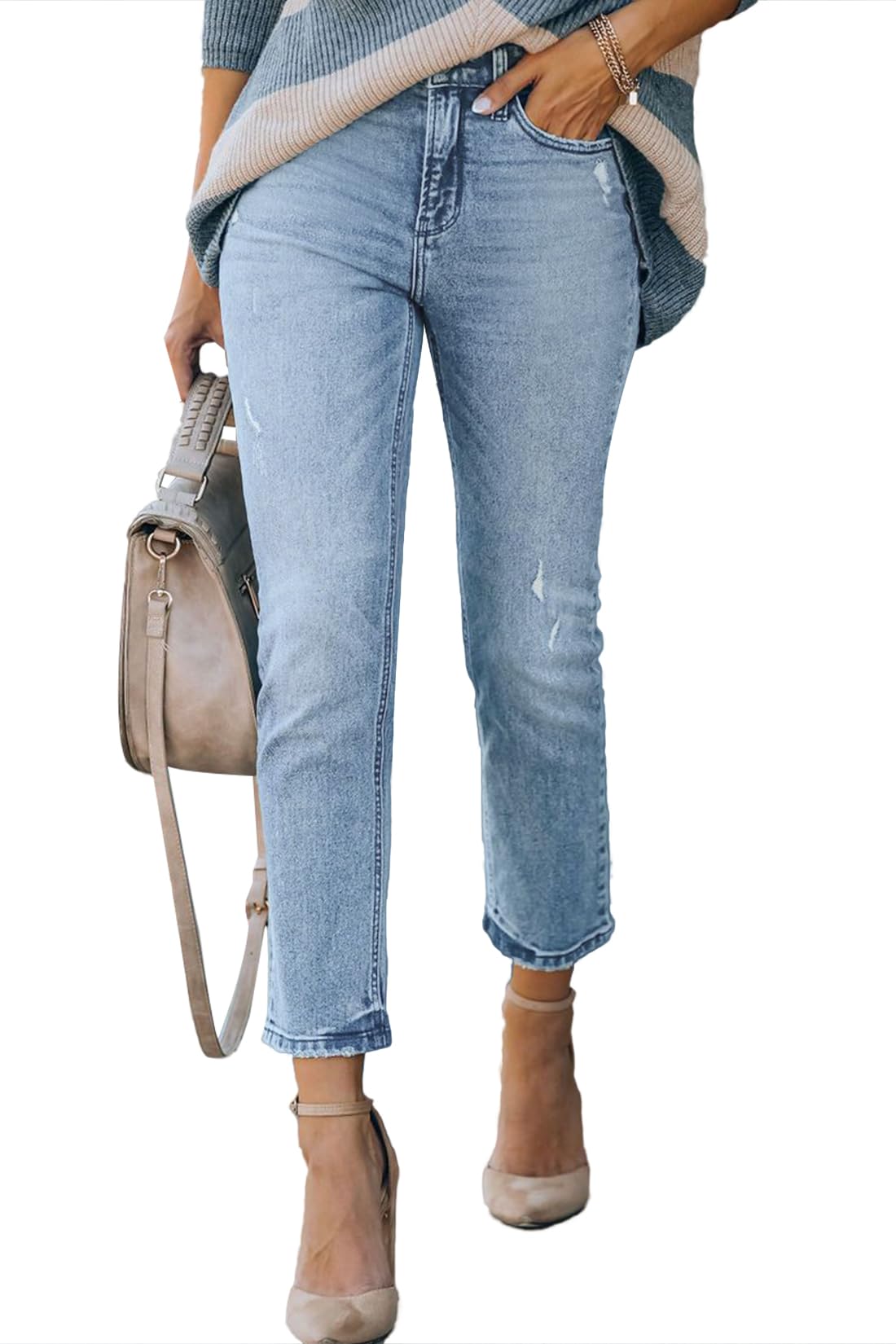 Photo 1 of ***USED***Lesore Womens High Waist Washed Raw Hem Mom Stretchy Distressed Destroyed Straight Leg Cropped Jeans Denim Pants Pockets Blue 40