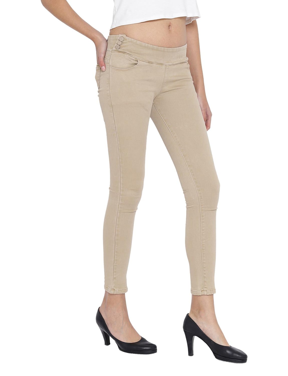 fashion cult stretchable cotton beige jeggings for women's
