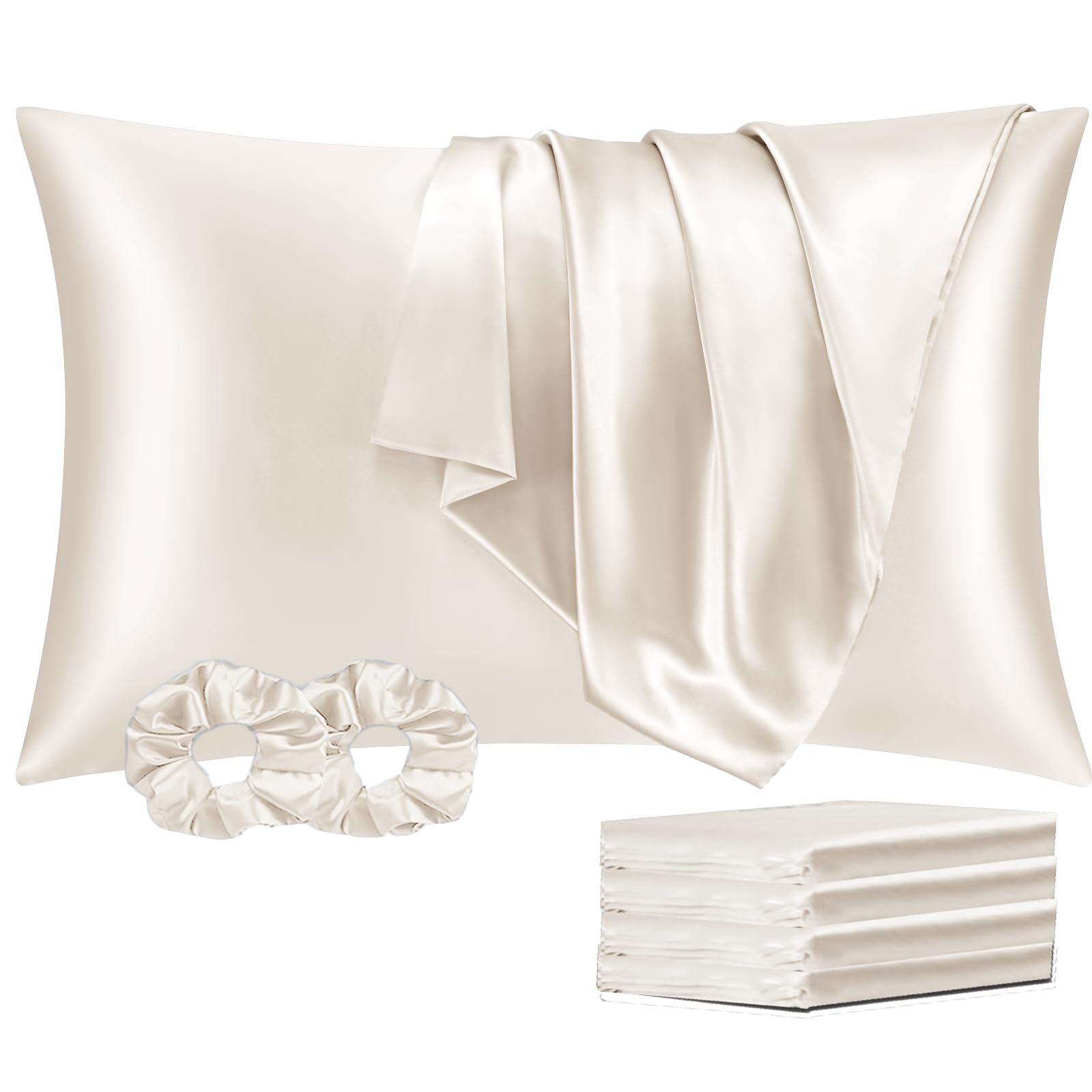Vielit Satin Pillowcase for Hair and Skin Cooling,Soft as Silk Pillowcase for Hair and Skin,Easier Care than Silk Pillow Cases 4 Pack Beige 50x75cm Gifts for Women Envelope & 2 Scrunchies