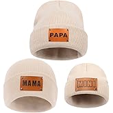 ZUYYON 3 Pcs Parent-Child Beanie Hats Mama PAPA MINI Leather Patch Winter Knit Cap Warm Cuffed Cap Matching Family Beanie Hat