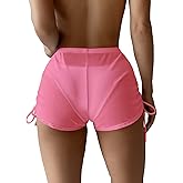 Falainetee Women's Drawstring Side Mesh Sheer Beach Summer Cover Up Shorts Bikini Bottoms