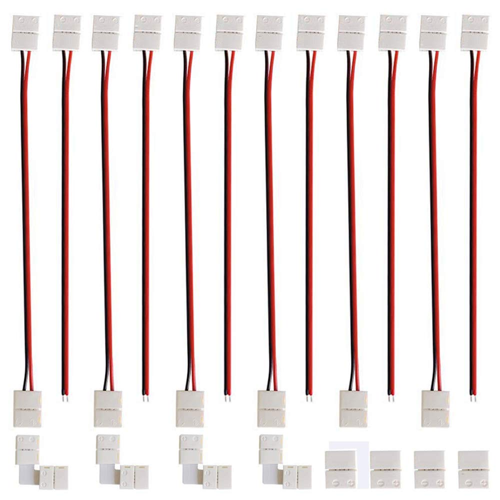 GTIWUNG 3528 2835 2 Pin Solderless LED Strip Light Connector Kit 8mm, Includes 6 x Jumper Connector, 6 x Strip to Adapter Pigtail, 4 x L Shape Corner Adapter, 4 x Gapless Connector