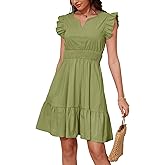 Jayscreate Women's Ruffle Sleeve Layered Dress Pockets Elastic Waist 2025 V Neck Above Knee Summer Casual Cute Dress