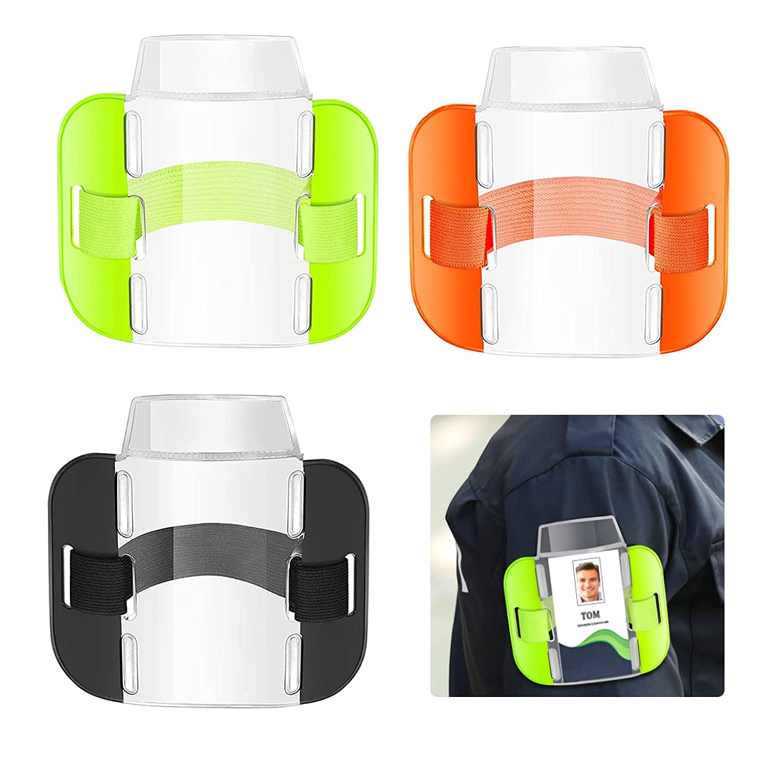 3 Pcs High Visibility Bright Neon Armband ID Card Badge Holders, Heavy Reflective Adjustable Elastic Armband ID Fixing Clip,Fluorescent Green, Black and Orange.