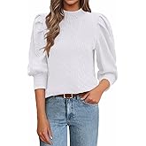 PRETTYGARDEN Womens Puff 3/4 Sleeve Tops 2025 Trendy Spring Summer Mock Neck Texture Knit T Shirts Work Casual Dressy Blouses