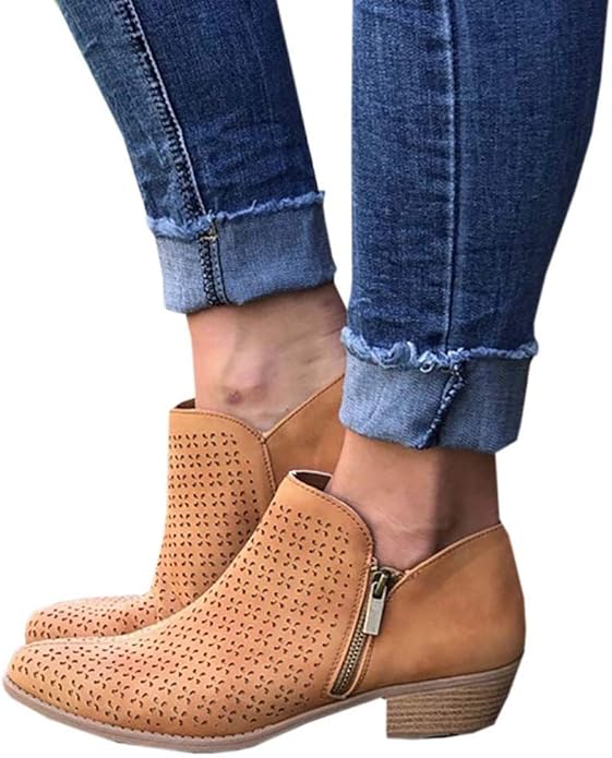 Amazon.com | Womens Perforated Ankle Boots Cut Out Chunky Block Low Heel Side Zipper Booties 