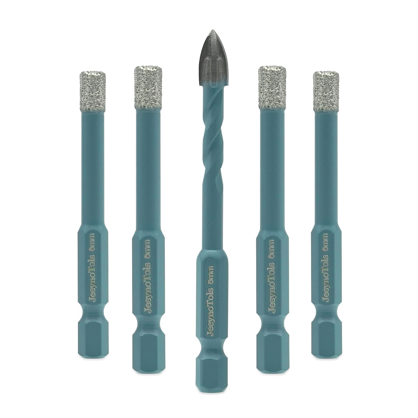 JeeynoTols Dry Diamond Drill Bits Set - 4pcs 6mm Diamond Hole Saw & 1pc 6mm Carbide Drill with Quick-Fit Hex Shank for Ceramic Porcelain Tile Marble Granite Quartz