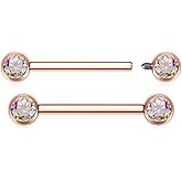AROWRO Nipple Piercing Jewelry Nipple Rings Titanium Nipple Rings Implant Grade Hypoallergenic 14G Internally Threaded Straight Barbells with Cubic Zirconia Opal Gold Silver Rose Gold Black 12mm 14mm 16mm 18mm 20mm