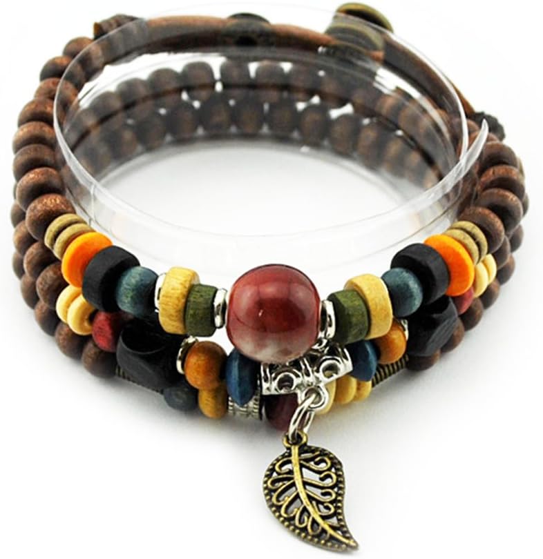 JF jewelry fantasy Unique Leaf Pendant Wood Beads Button Adjustable Wrap Bracelet Link Necklace