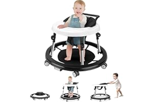 XZV Baby Walker 10 Adjustable Heights Foldable Safety Walkers for Boys Girls Babies 6-18 Months Portable Activity Center Anti-Roll with Wheels and Large Dinner Plate, Black