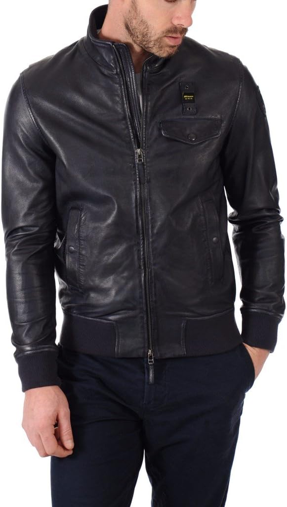Leather MALL Men's Lambskin Leather Bomber Biker Jacket XXX-Large Black