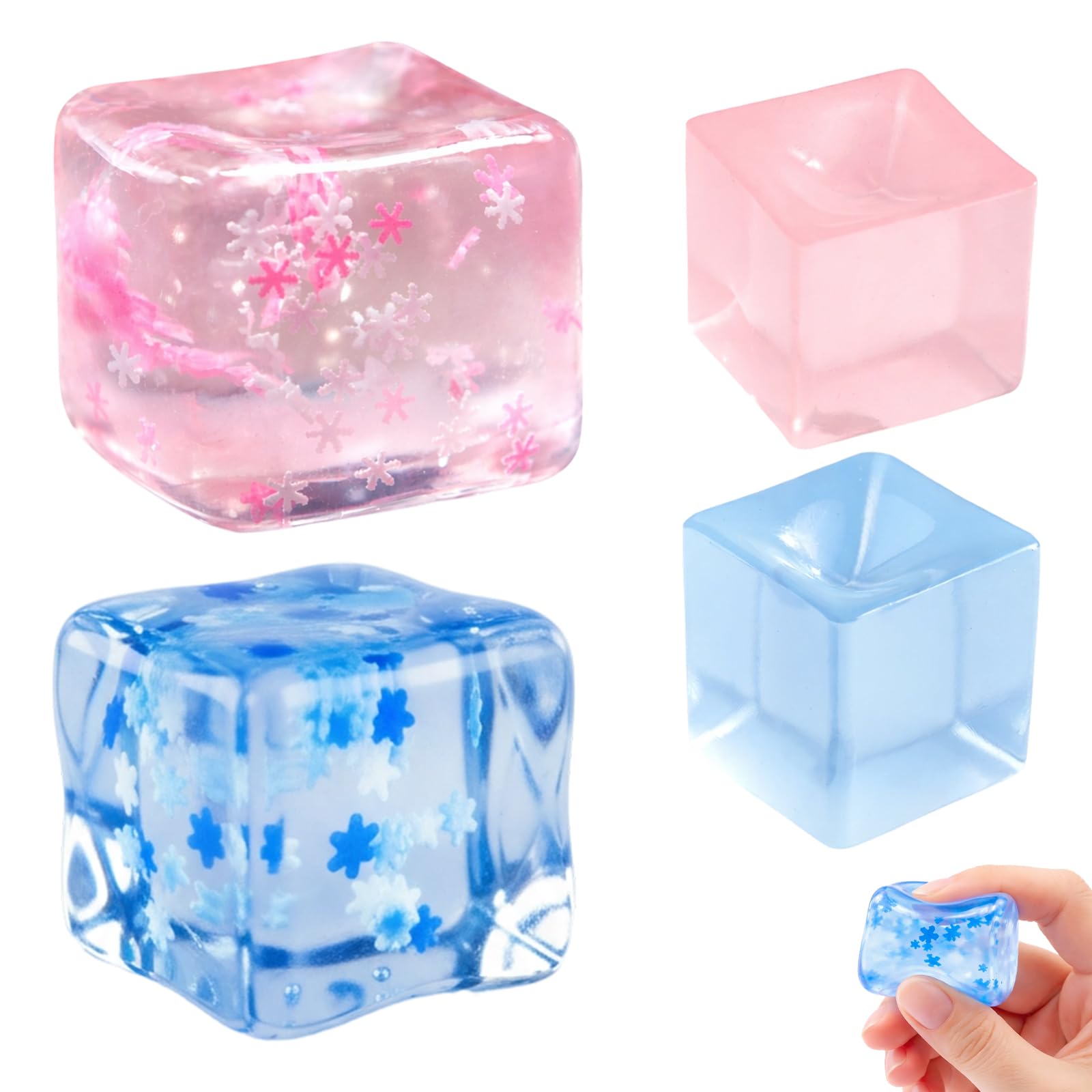 4Pcs Squishy Cubes with Size Options, Ice Cube Squishy in Pink and Blue Colors, Functional Squishy Cube and Stress Cube Set for Daily Mindfulness