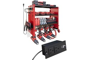 DIOOSN 4 Layers Power Tool Organizer Wall Mount with Power Strip, Heavy Duty Metal Tool Shelf, 400lbs Capacity for Cordless Drills, Batteries & Garage Storage (4 Slots with 2 Outlets Power Strip)