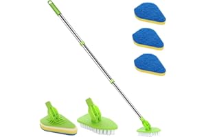 WVIOUOPU Scrub Cleaning Brush with Long Handle 35'' - Extendable Floor Scrubber with 1 Stiff Bristles & 3 Sponge Brush, Adjustable Lightweigh Detachable Kitchen Brush for Baseboard Shower Bathroom Bathtub Tile