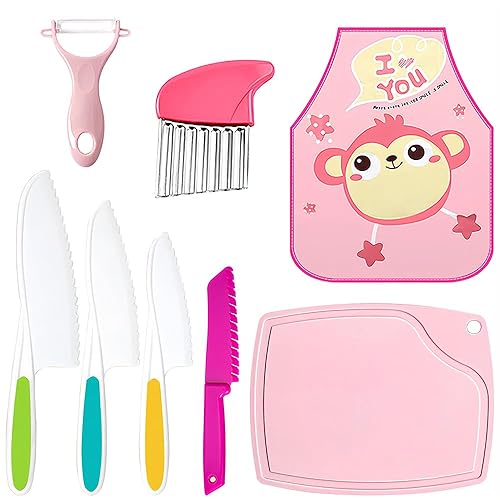 LIUCONGBD 9PCS Kids Kitchen Knives Set for Chopping, Mini Plastic Children’s Chef Cooking Knife Set, Toddler Baking Knife Potato Slicer with Apron, Cutting Board and Fruit Vegetable Knives(Girl)