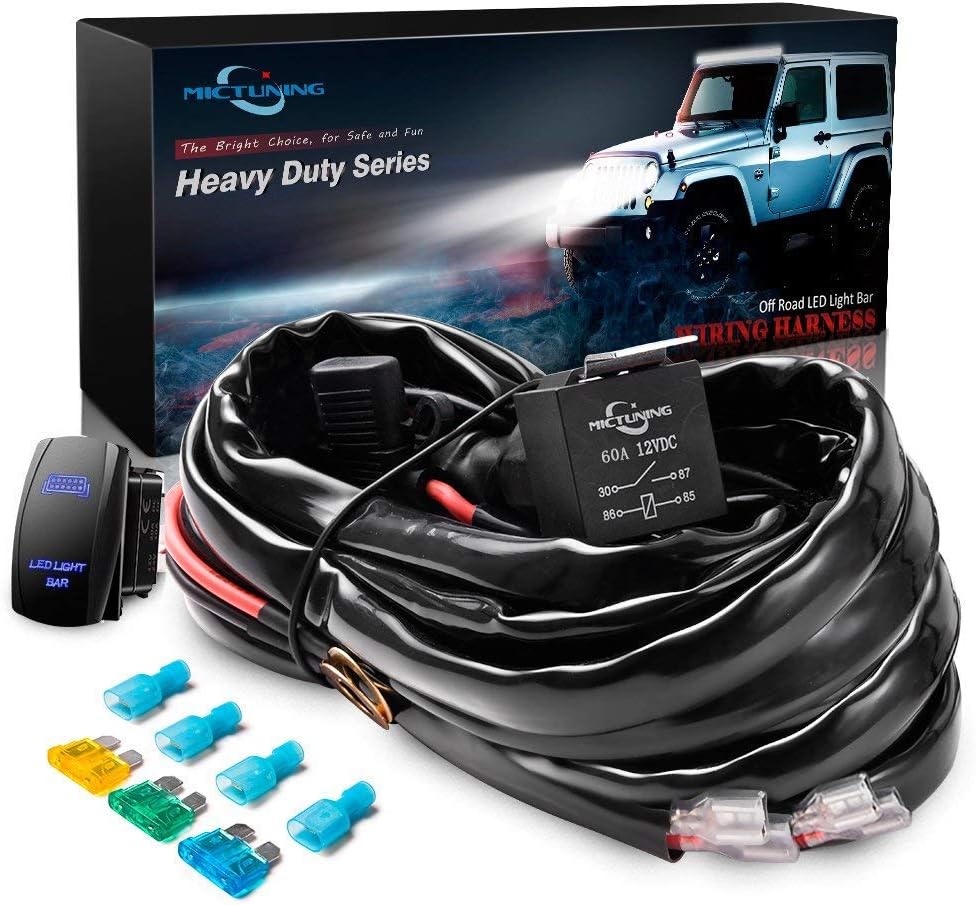 MICTUNING HD+ 12 Gauge LED Light Bar Wiring Harness Kit with 60Amp Relay, 3 Free Fuse, Rocker Switch Blue(2 Lead): Automotive