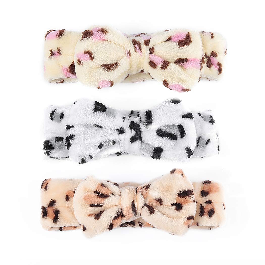 Chennie Bowknot Spa Headbands Leopard Elastic Spot Makeup White Hair Bands Washing Face Head Wraps For Women And Girls (Pack Of 3) (①Leopard)