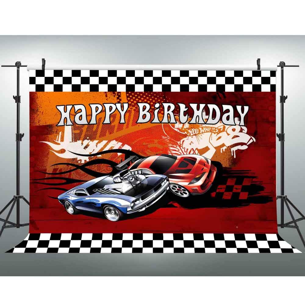 EOA 7(W) x5(H) FT Racing Cars Red Photography Backdrop Happy Birthday Hot Racer Wheels Banner Children Kids Cake Table Studio Props