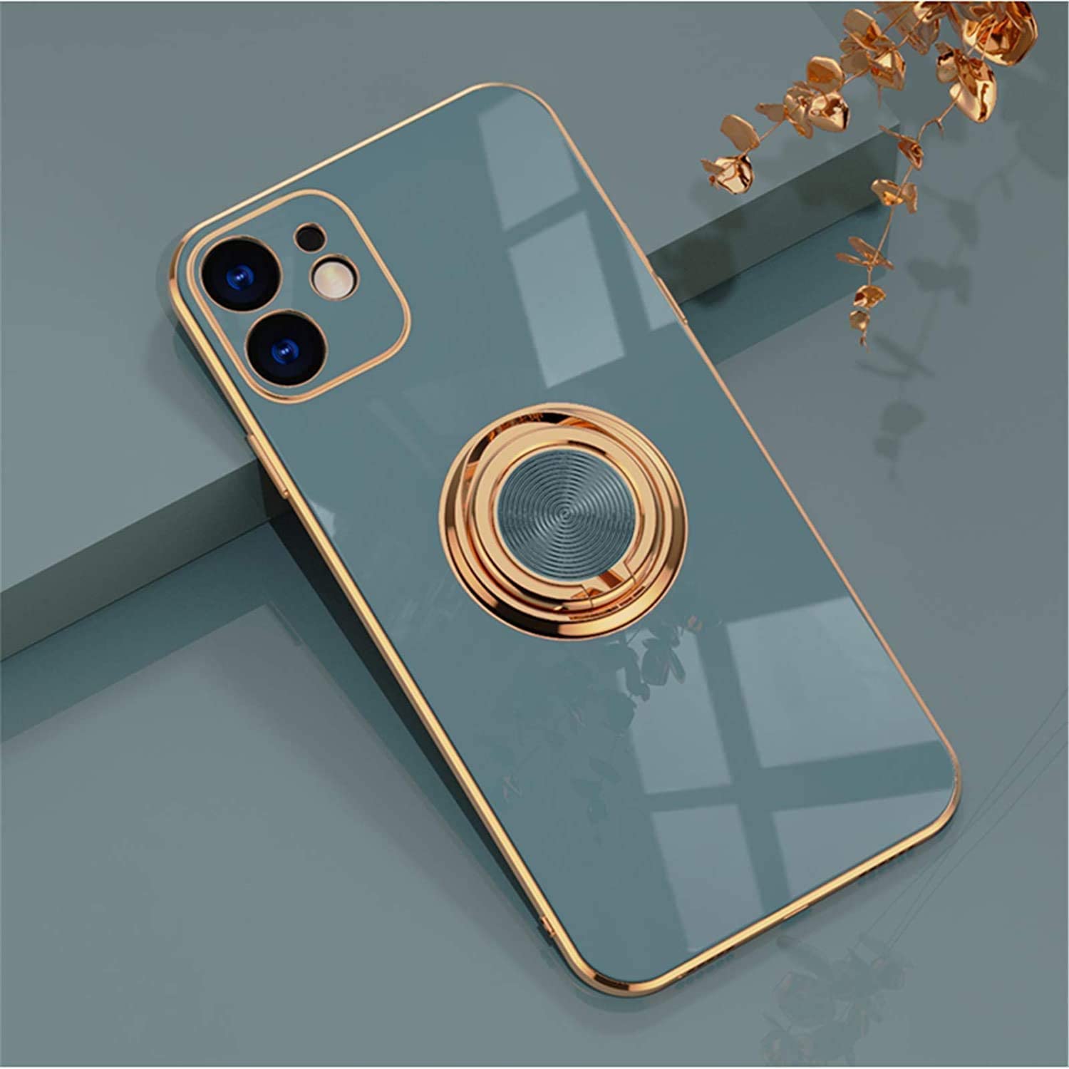 EYZUTAK Electroplated Magnetic Ring Holder Case, 360 Degree with Rotation Metal Finger Ring Holder Magnet Car Holder Soft Silicone Shockproof Cover for iPhone 12 6.1 inch - Gray — image 1