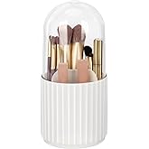 JessLab Makeup Brush Holder Organizer with Lid, 360 Degree Rotatable Makeup Brush Organizer Spinning Cosmetics Holders Brush Storage Box Display for Bathroom Vanity Countertop, White