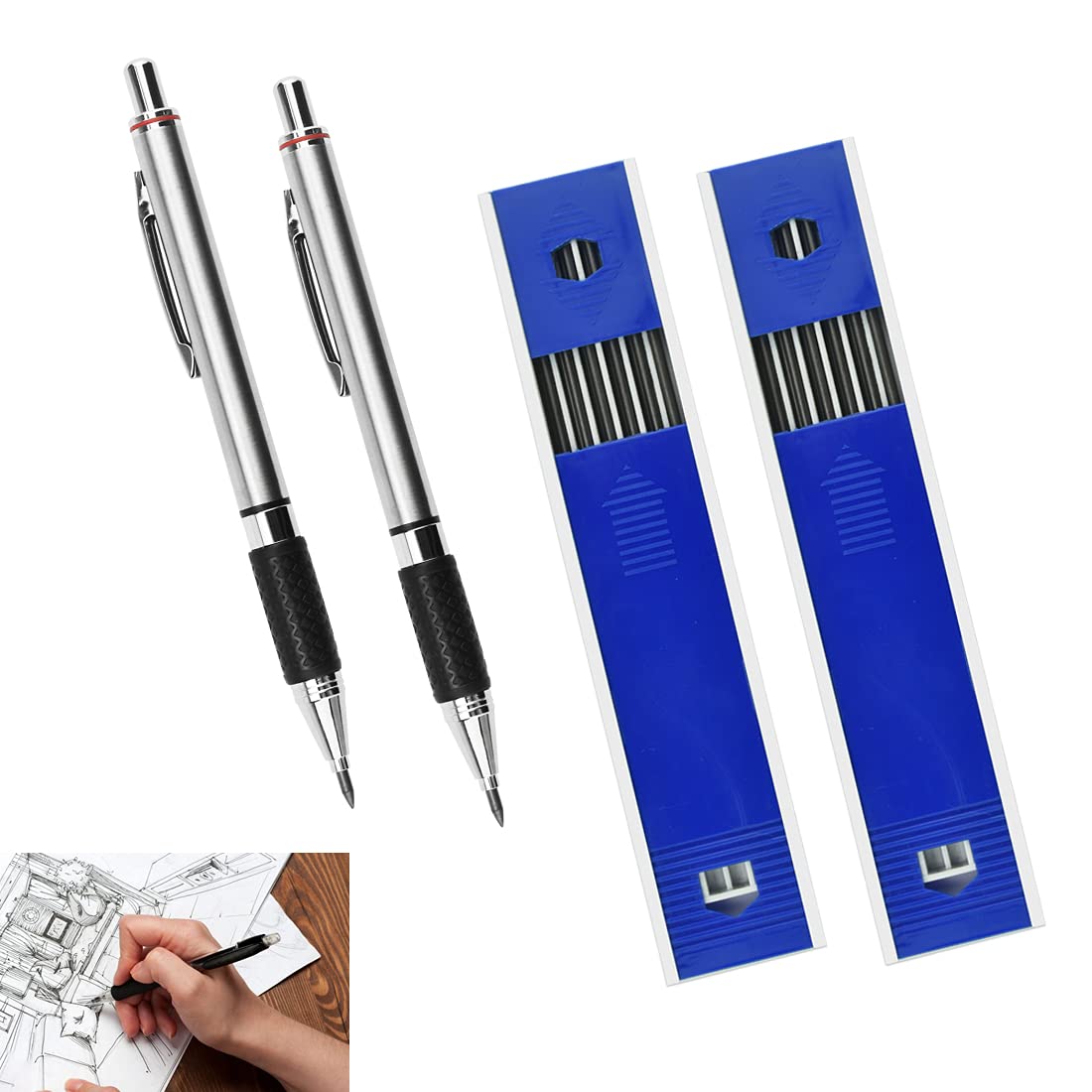 GIRAFEDA 2 PCS 2mm Mechanical Pencil Metal Automatic Pencil Professional Drafting Pencil 2B Lead Holder Propelling Pencil with 2 Cases Leads Refills for Draft Drawing, Writing, Crafting, Art Sketching