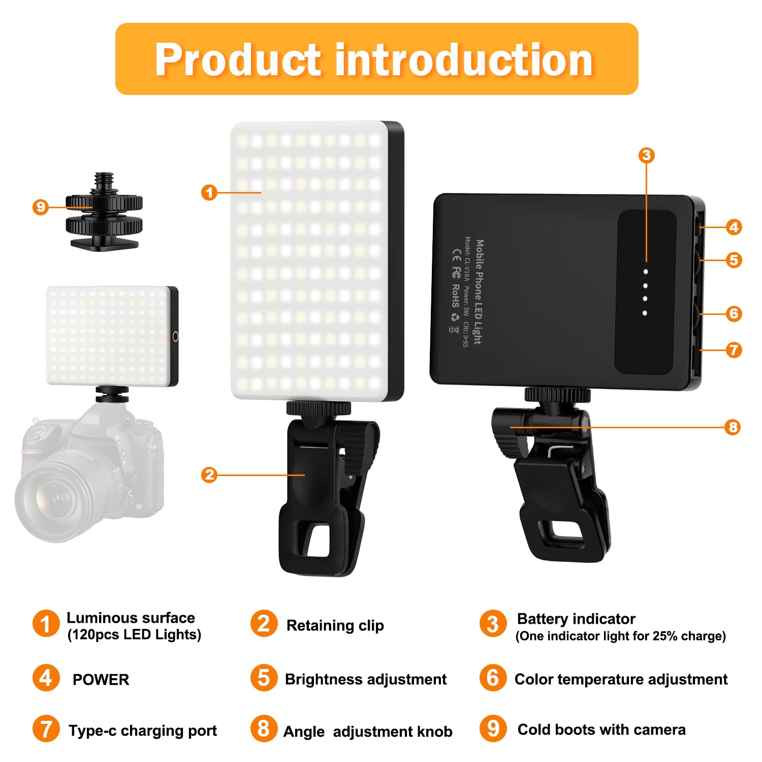 120 LED Selfie Light for iPhone, Portable Phone Light with Clip & Camera Tripod Adapter - 5000mAh Rechargeable, 3 Lighting Modes, CRI 97+ for Video Recording, TikTok, Tripod Mount Rings