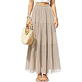 Yewanka Women's Chiffon Pleated Maxi Skirt Elastic High Waisted Boho A-Line Fall Flowy White Long Skirts with Lining