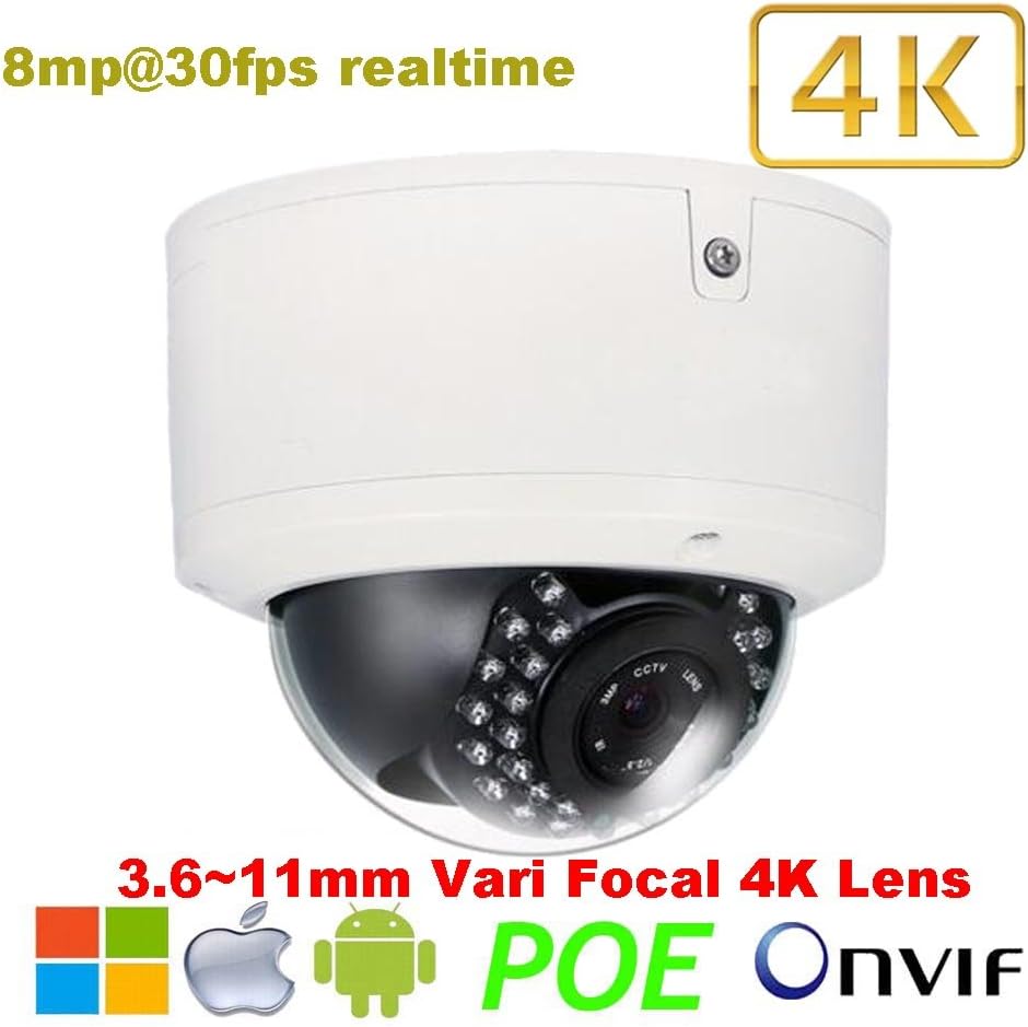 NightKing 8MP Ultra HD Network IP Camera 4K,H.265 Outdoor/Indoor 8MP Starvis Sony IMX274 Security IP Dome Camera,8MP@30fps Realtime,3.6~11mm Vari Focal 4K Lens,100Ft Night Vision,Free App View