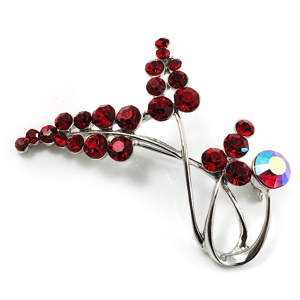 Burgundy Red Diamante Floral Brooch (Silver Tone)
