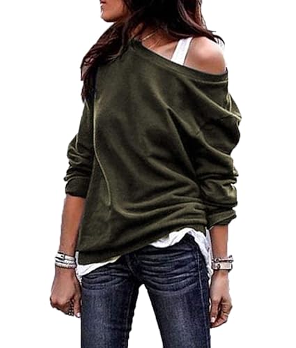 Ajpguot Herbst Winter Damen Pullover Casual Lose Schulterfrei Sweatshirt Bluse Lange Ärmel Oberteile Tunika Tops