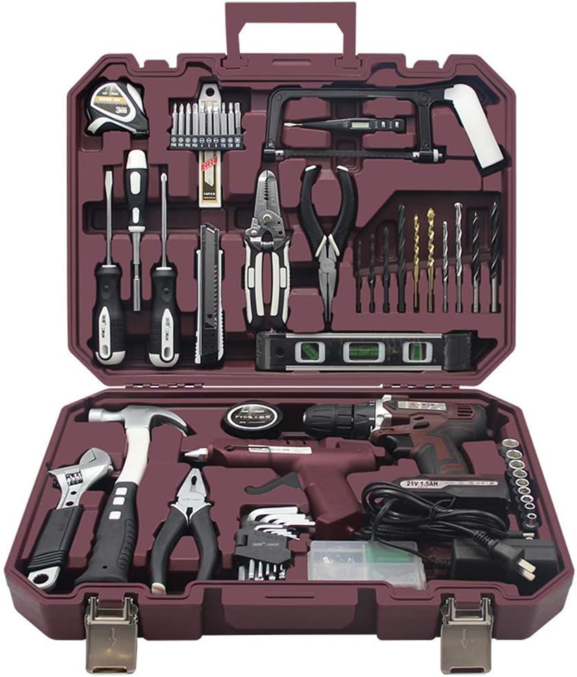 Home Toolkit Set Power Tools Combo Kit with 16.8V Cordless Drill for Daily Repair Hand Tool Kit Hammer Set with Plastic Tool Box Storage