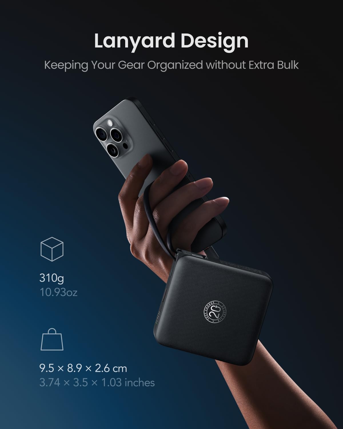 Coowisty Powerbank 22,5W Power Bank mit Kabel 20000mAh USB-C Schnellladung Klein Externe Handyakkus & LED-Display Mini Tragbares Ladegerät Kompatibel mit iPhone 17 16 15 Xiaomi Samsung iPad (Schwarz) 2