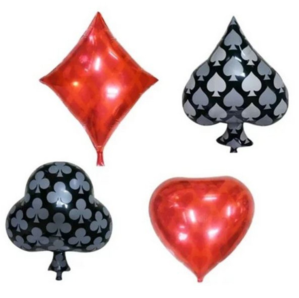 4pcs Poker Card Balloons for Casino Party Decoration,Club Spade Heart Diamond Sahped Helium Foil Balloons for Wedding Birthday Anniversary Graduation Party Accessories