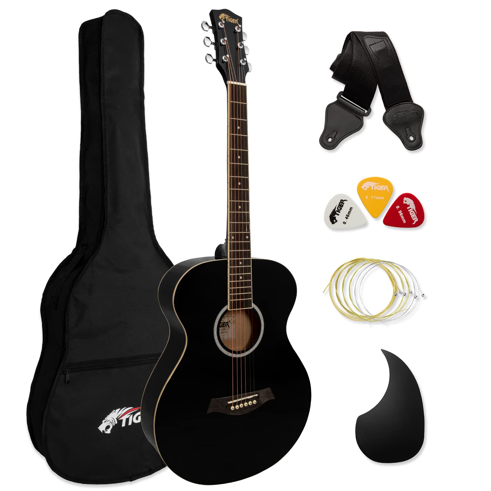 Acoustic Guitar for Beginners - Full Size, Steel-String - includes Gig-bag, Strap, Scratchplate and Spare Strings - Black - TIGER ACG2-BK