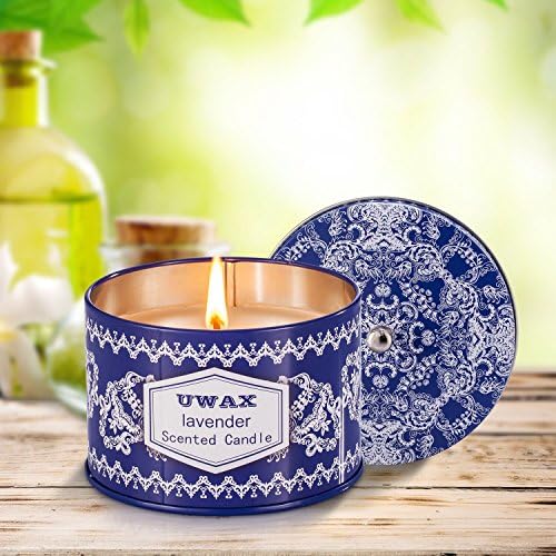 Uwax Lavender Scented Candles 8.5 Oz Pure Soy Wax Travel Blue & White Tins Large Candle, Fresh and Clean, Gift for Holidays