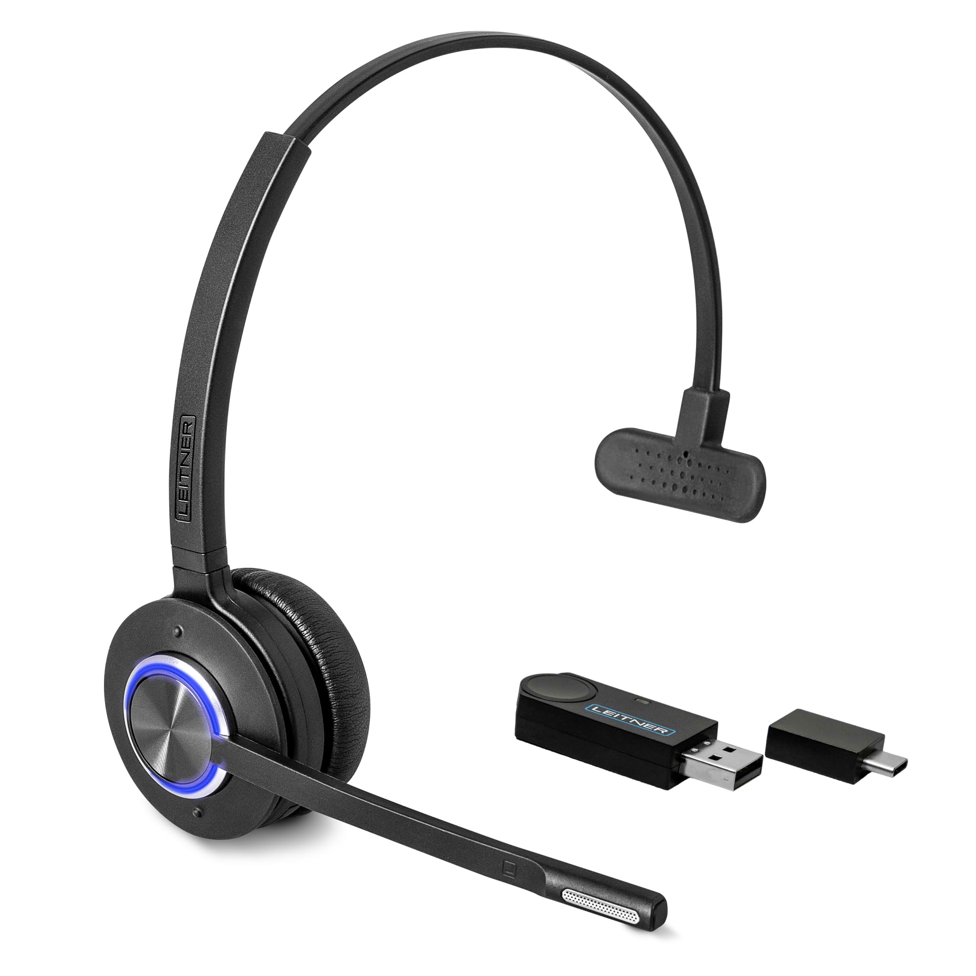 Leitner LH470 – Wireless Work Headset with Microphone – Zoom and Teams Headset – USB Dongle Headset for Softphone, Computer, Laptop, and Tablet – Single or Dual-Ear Wearing Style