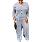 YeGine Plus Size Women Long Sleeve Loose Jumpsuit Casual Rompers One Piece Button Up Wide Leg Jumpsuits