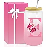 AiHeart Personalized Gifts for Women,Initial Glass Cup with Lid and Straw,Ice Coffee Mug,Smoothie Beer Tumbler,16oz Glass Cup with Lid and Straw,Birthday Gifts for Mom Colleague-E