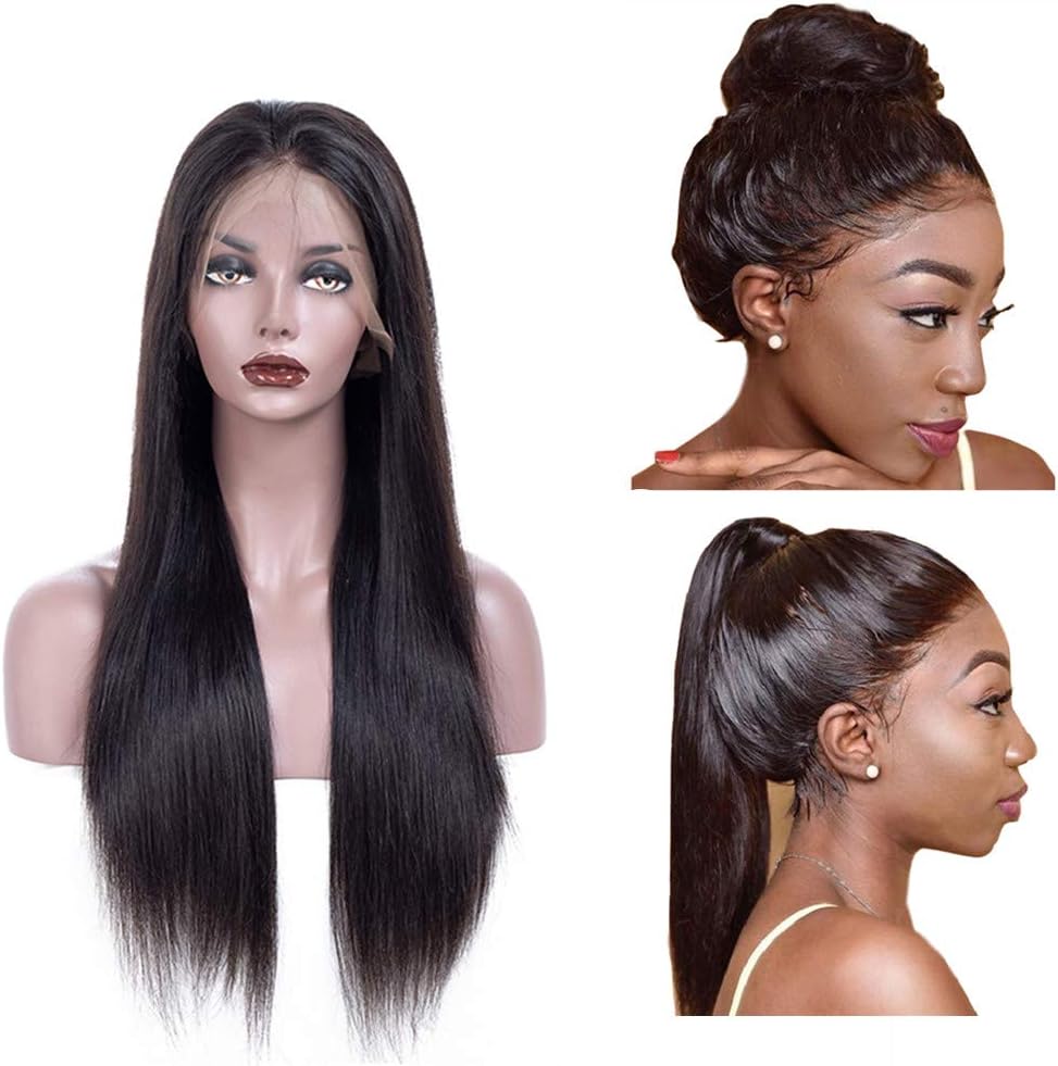 360 Lace Frontal wigs Human Hair Wigs Pre Plucked Hairline with Baby #1B Black Remy Straight Human Hair Lace Front Wigs Natural Color 150% Density (10 inches)