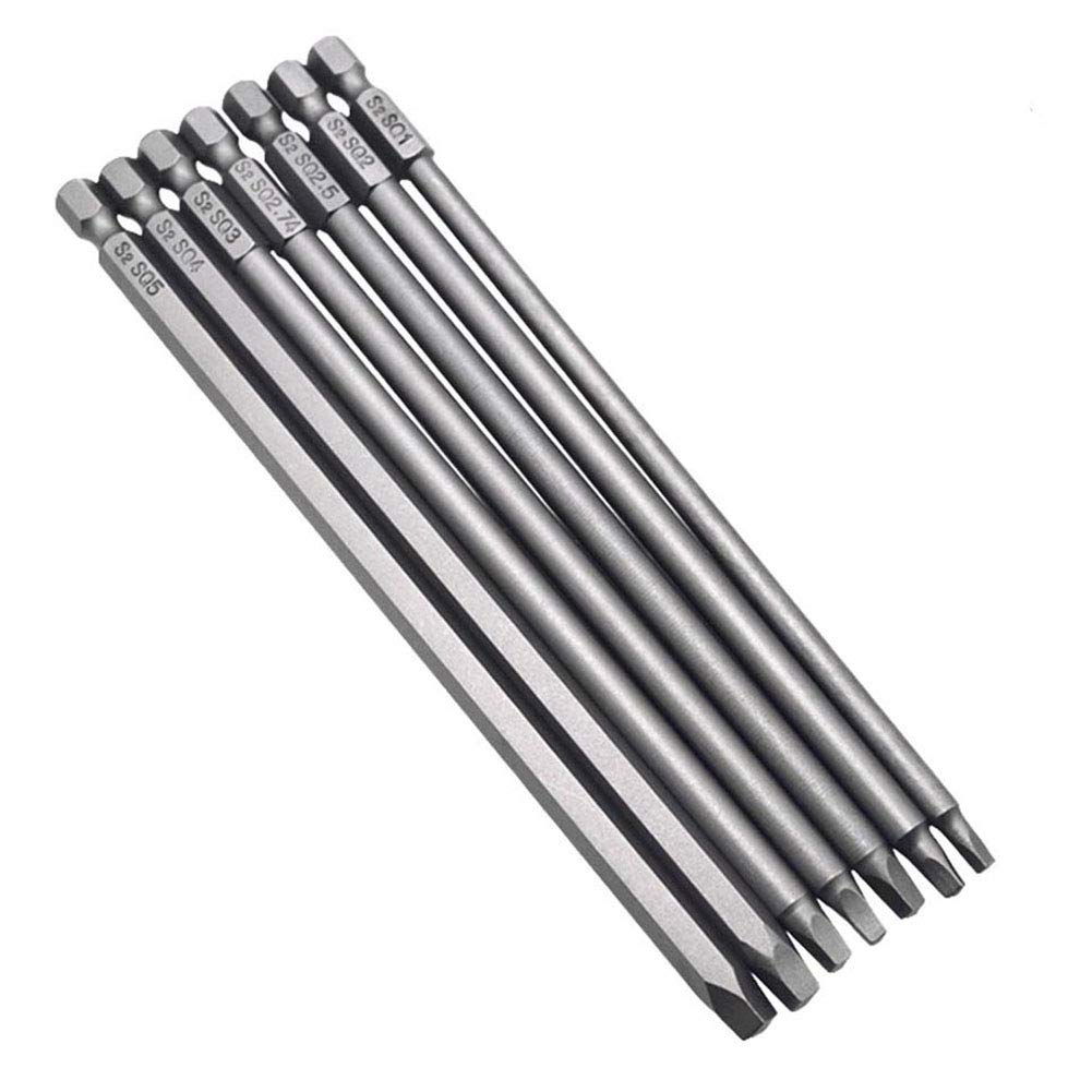 Gasea 7pcs 150mm Long Magnetic Square Head Screwdriver Bits 1/4" Hex Shank Square Drive Bit Set SQ1, SQ2, SQ2.5, SQ2.7, SQ3, SQ4, SQ5