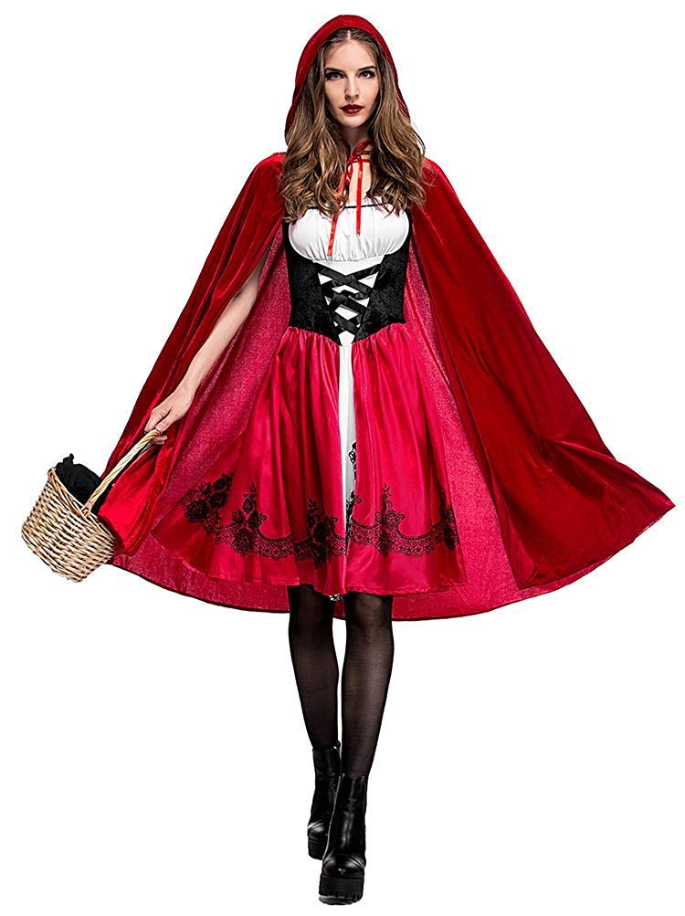Photo 1 of Simplecc Women Little Red Riding Hood Costume Christmas Halloween Party Dress with Cape (XS)