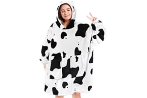 GOCVO Wearable Blanket Hoodie Gifts for Adults Mom Women Men Oversized Fluffy Hoodie Cozy Hideout Hoodie Sweatshirt Sweater Blanket with Pocket (Cow)