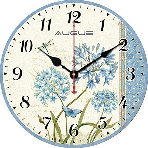 Wood Wall Clock,Augue Wooden Wall Clock Vintage France Paris Country Tuscan Style Sun Flower and Butterfly Retro Quartz Movement Non-Ticking Silent Quiet Kitchen Home MDF Clock,12-inches