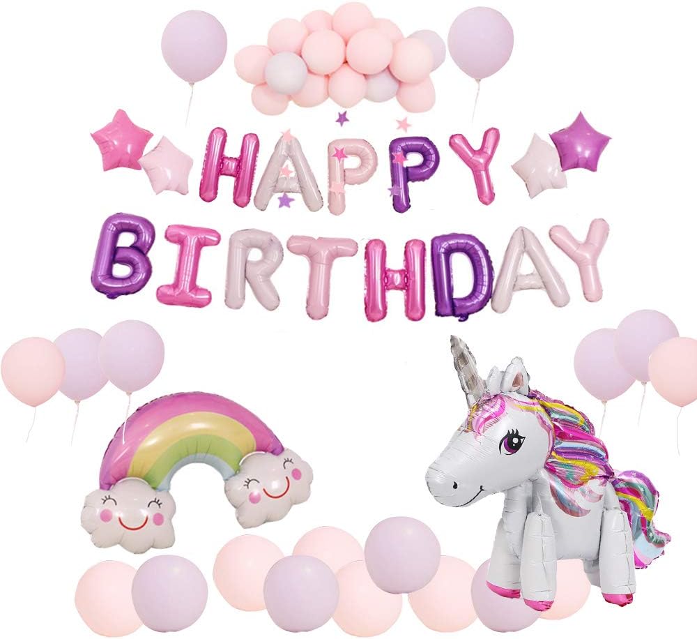 WhyTin Unicorn Party Decorations for Kids, 1 Huge Foil Unicorn Balloons with Happy Birthday Banner Star Rainbow Balloons, Latex Macaroon Balloons, Birthday Party Supplies for Baby Boys Girls